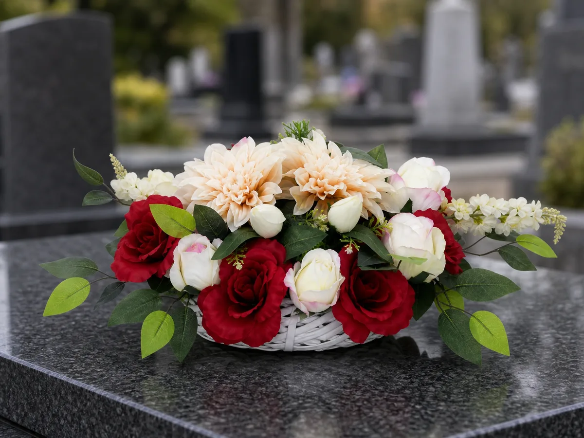 Biało-czerwona kompozycja kwiatowa w koszyczku — aranżacja na cmentarzu
