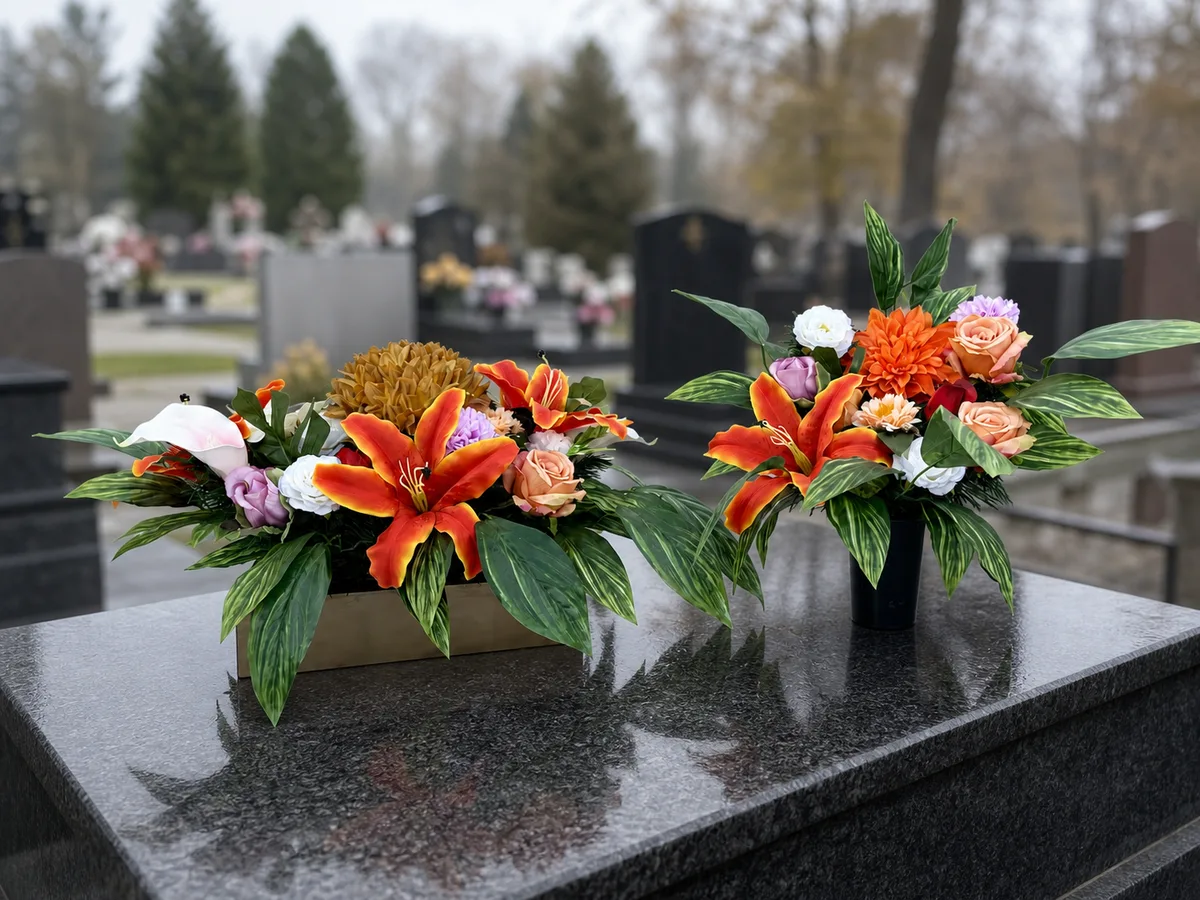 Pomarańczowo-biała duża kompozycja kwiatowa z liliami i bukiet do wazonu — aranżacja na cmentarzu