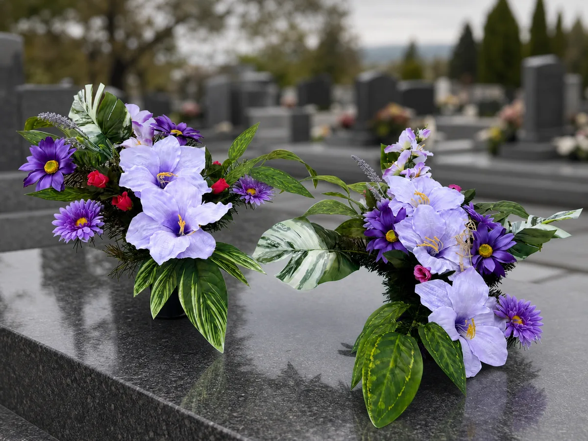 Fioletowo-liliowa duża kompozycja kwiatowa i bukiet do wazonu — aranżacja na cmentarzu