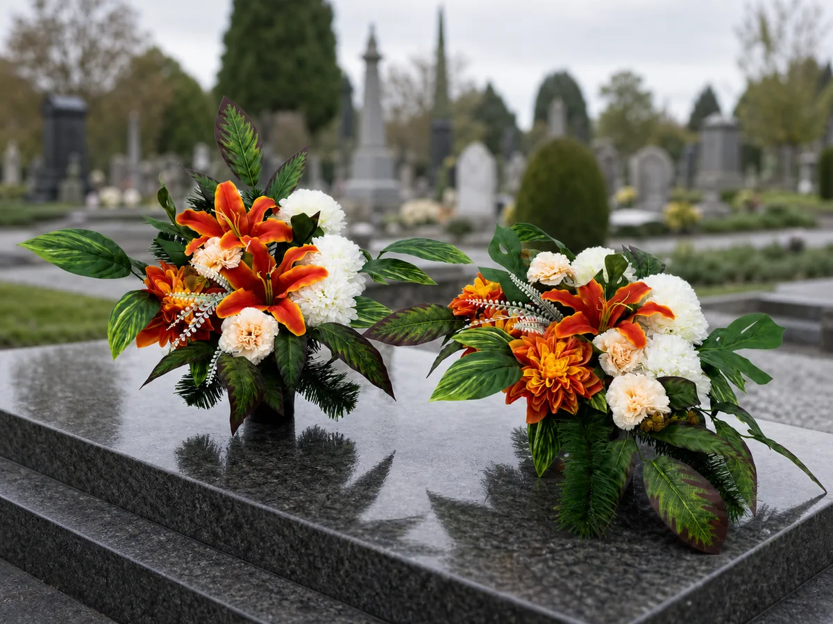 Pomarańczowo-kremowa kompozycja kwiatowa z liliami i bukiet do wazonu — aranżacja na cmentarzu