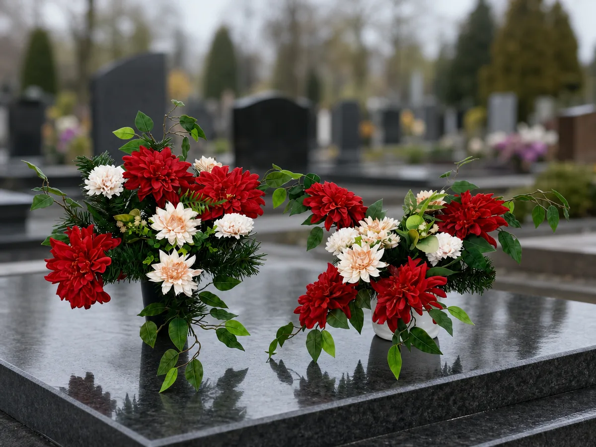 Czerwono-kremowa kompozycja kwiatowa i bukiet do wazonu — aranżacja na cmentarzu