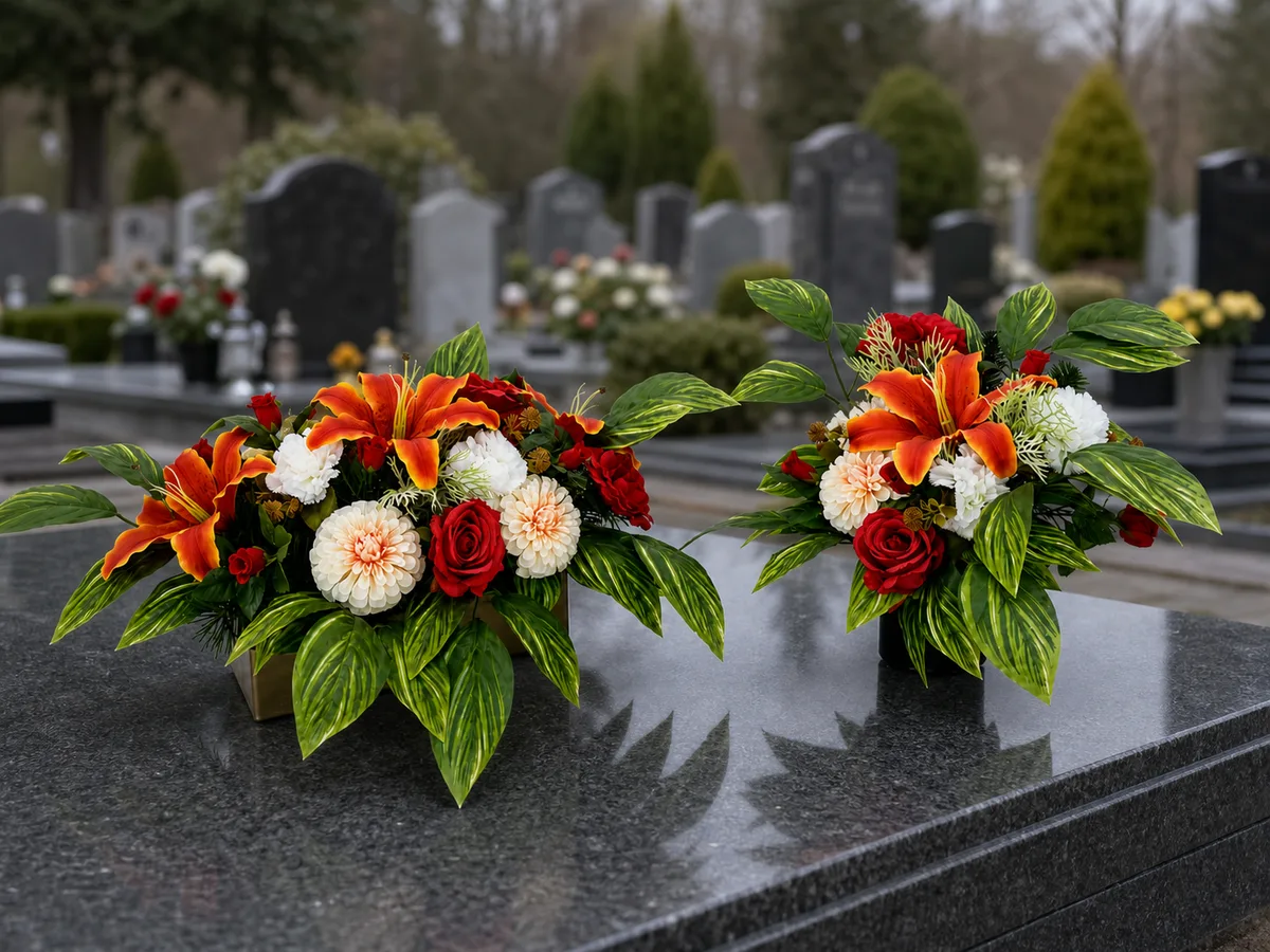 Pomarańczowo-czerwona kompozycja kwiatowa z liliami i bukiet do wazonu — aranżacja na cmentarzu