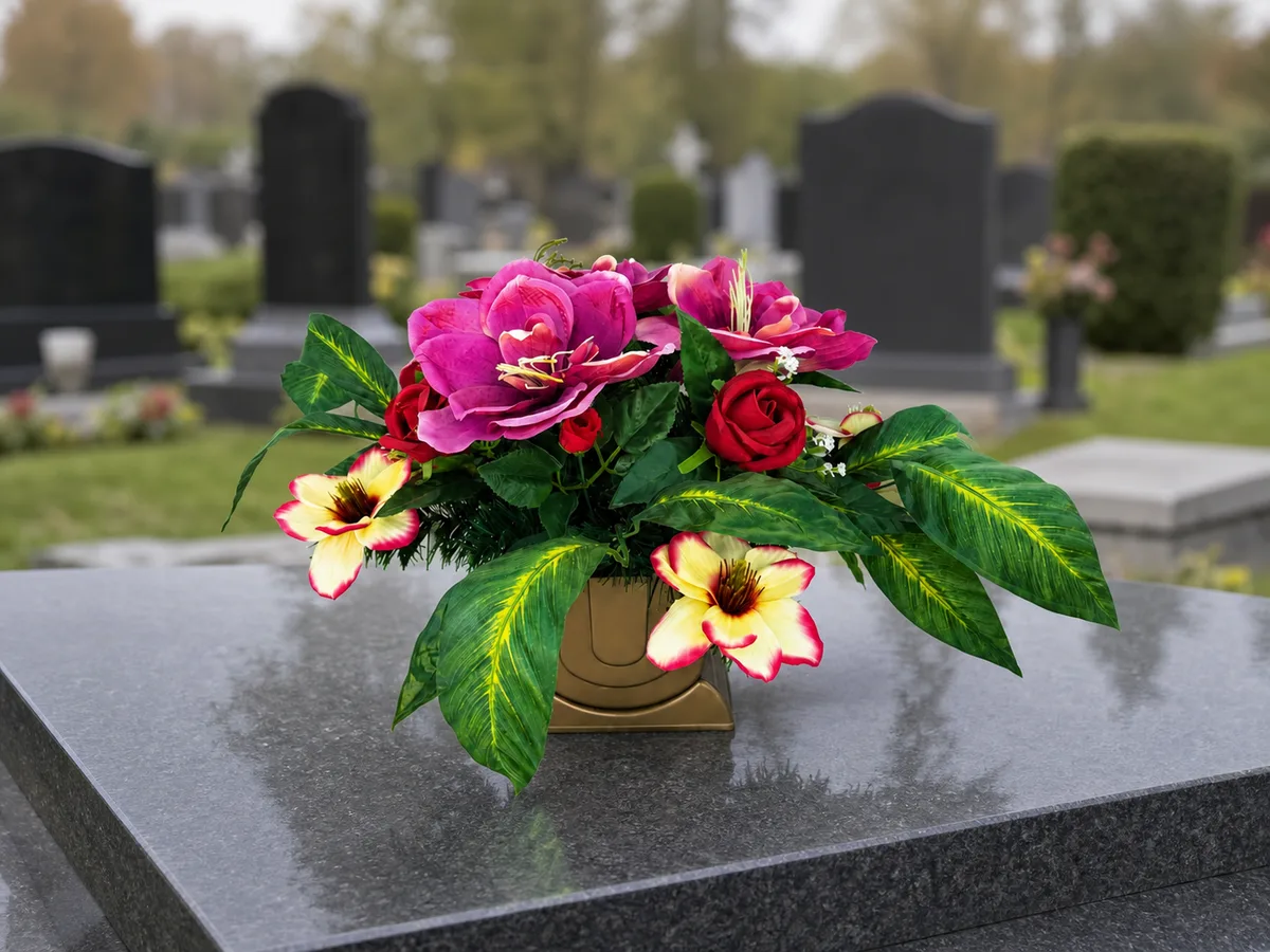 Purpurowo-różowa kompozycja kwiatowa z magnoliami — aranżacja na cmentarzu